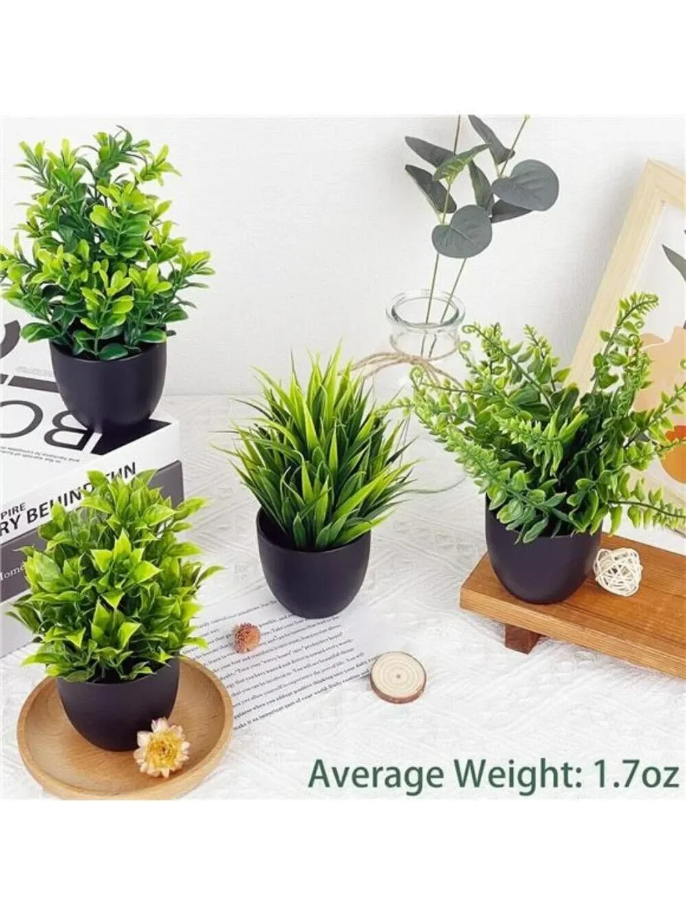 Set of 4 Small Fake Potted Plants 7 inch Artificial Mini Greenery Home Office De